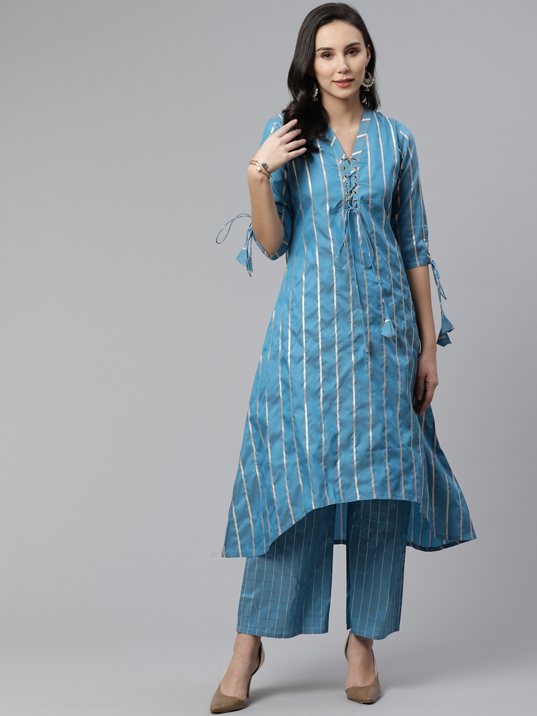 

Libas Women Blue & Golden Zari Striped High-Low Kurta with Palazzos