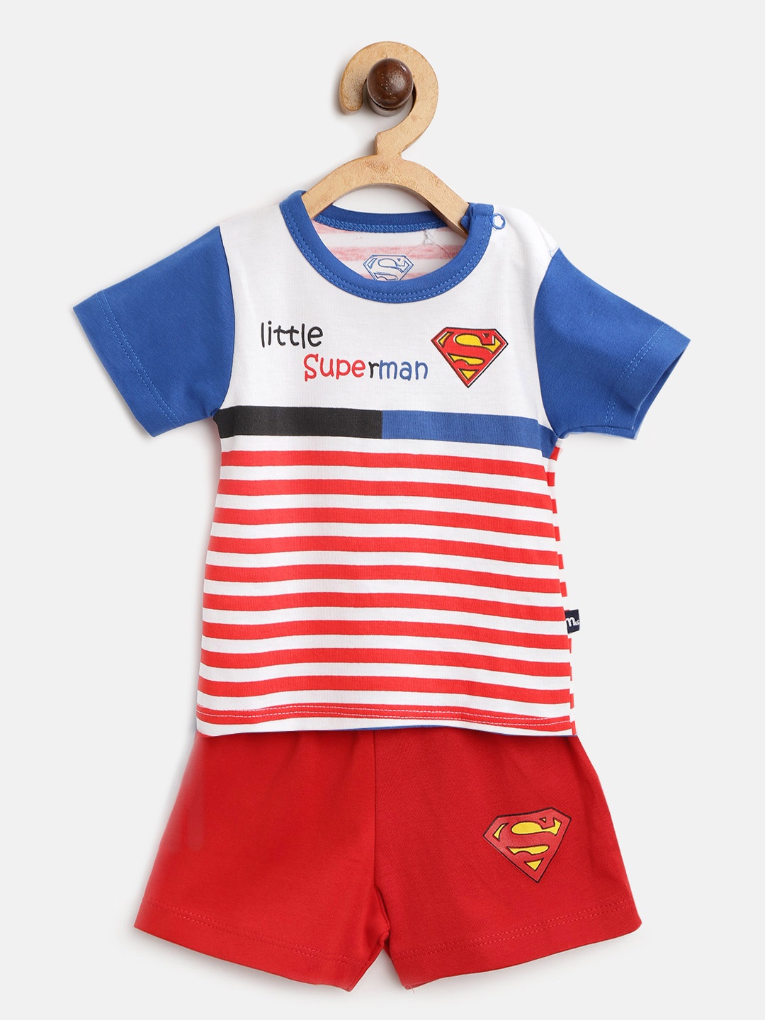 

Moms Love Boys White & Red Striped T-shirt & Shorts With Superman Logo Print Detail
