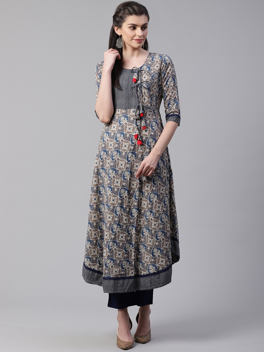 

Divena Women Grey & Navy Blue Printed Curved Hem A-Line Kurta, Black