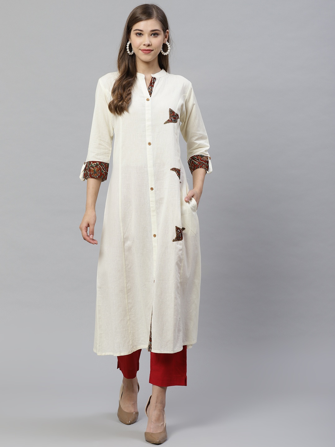 

Divena Women Off-White & Maroon Patchwork Detail A-Line Kurta