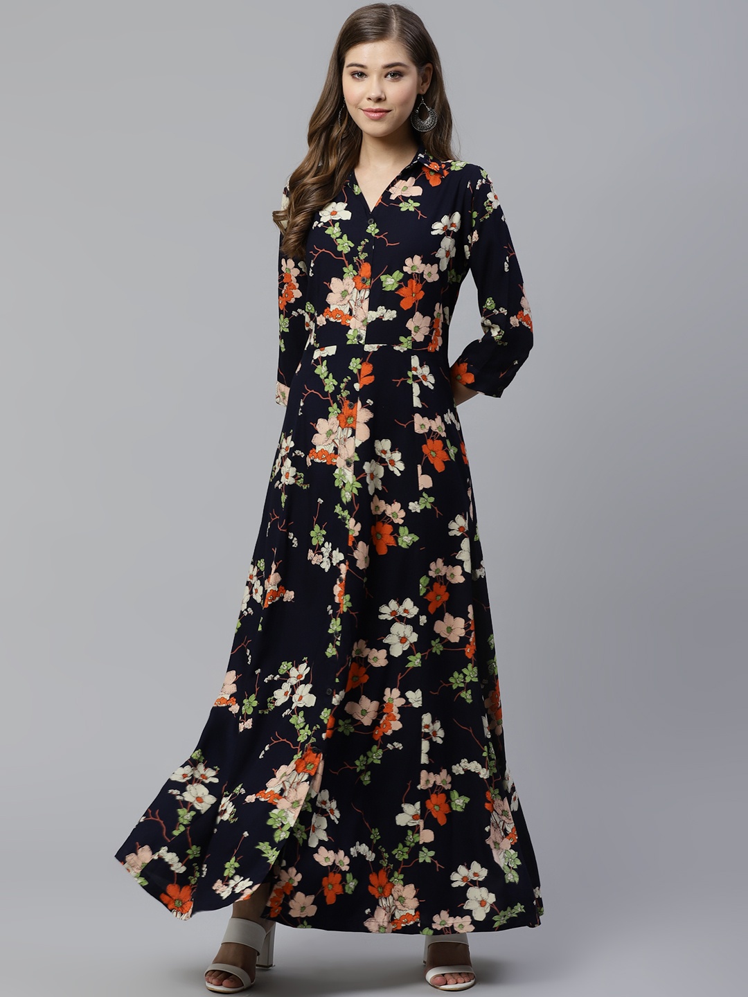 

Divena Women Navy Blue & Orange Floral Printed A-Line Kurta