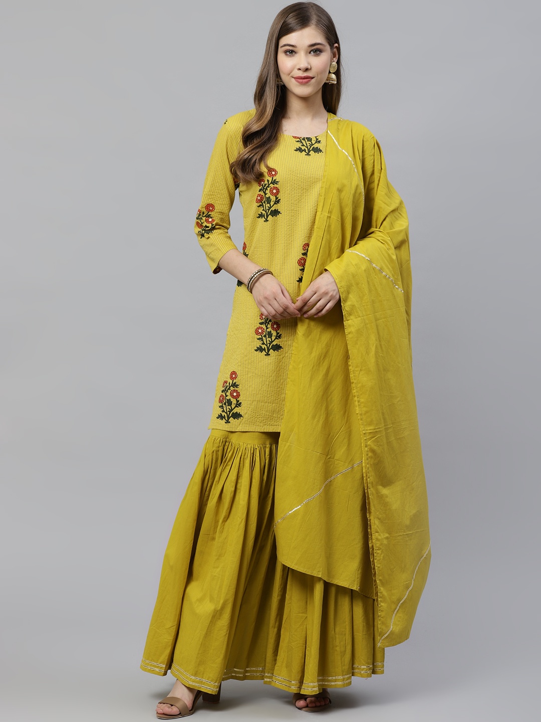 

Divena Women Mustard Yellow Printed Kurta with Sharara & Dupatta