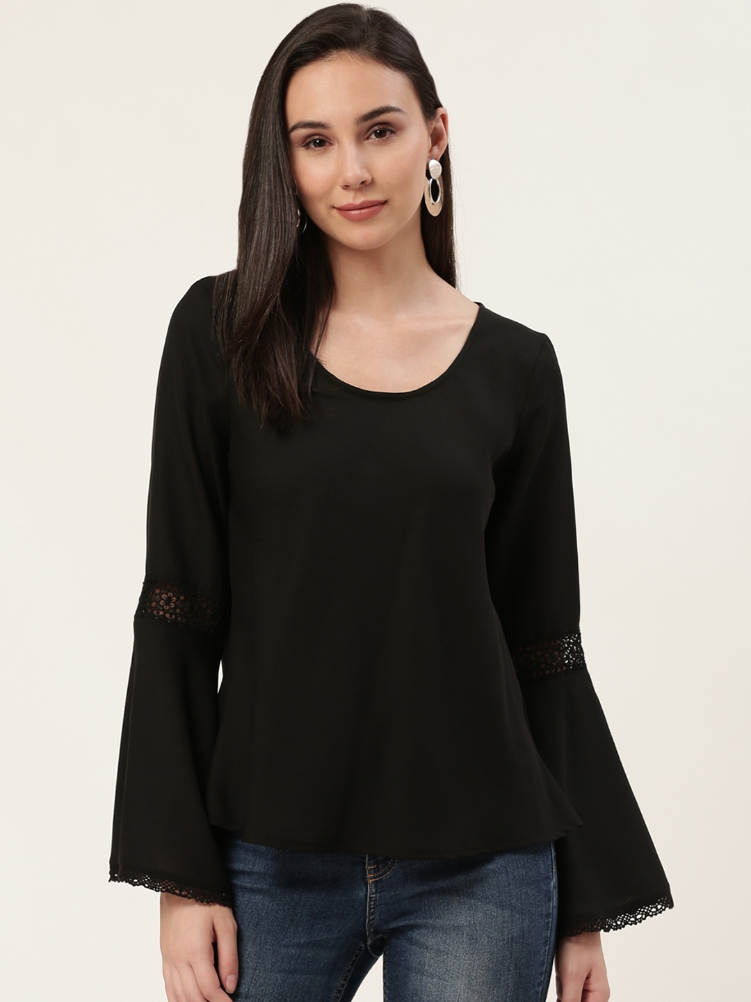 

DODO & MOA Women Black Lace Solid Bell Sleeves Top
