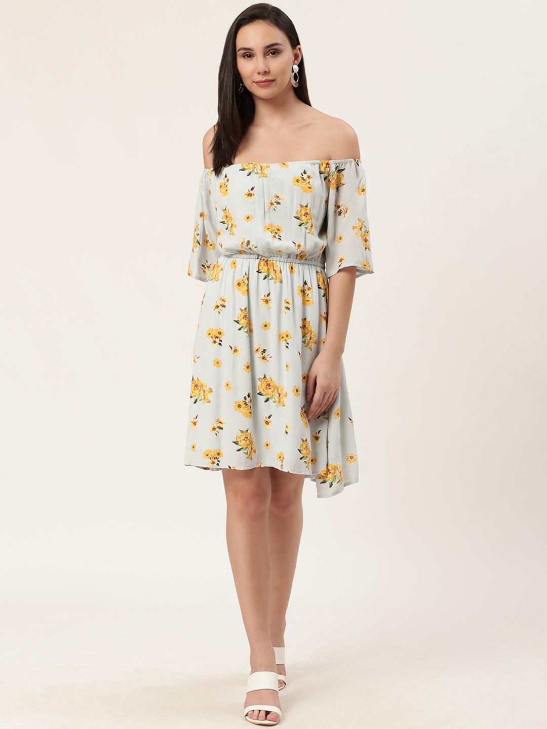 

DODO & MOA Women Blue & Mustard Yellow Floral Printed Off-Shoulder Fit and Flare Dress