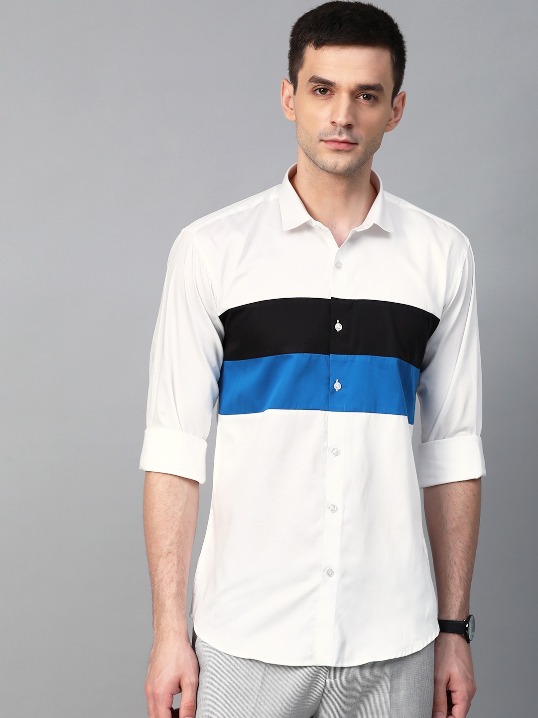 

MANQ Men White & Blue Slim Fit Striped Casual Shirt