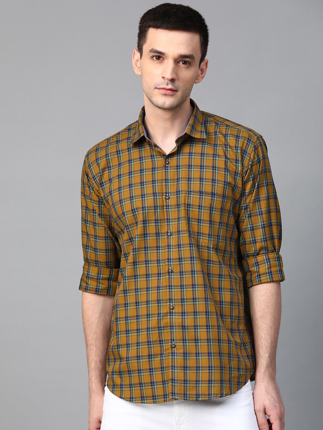 

MANQ Men Mustard Brown & Green Slim Fit Giza Cotton Checked Smart Casual Shirt