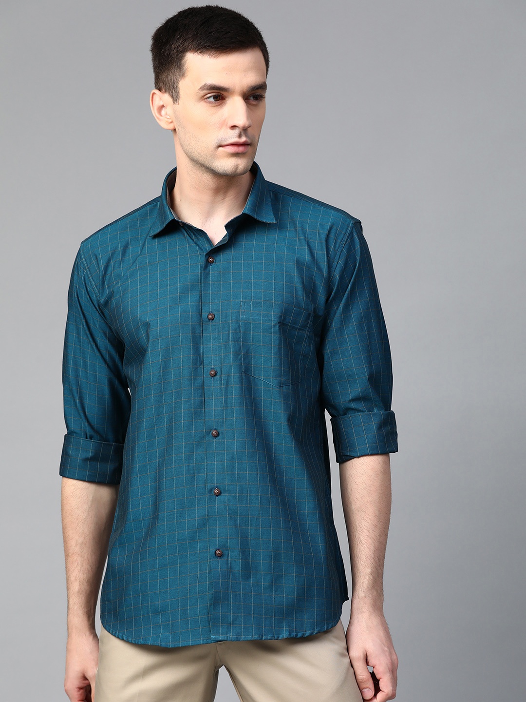 

MANQ Men Teal Blue & Mustard Yellow Giza Cotton Semi-Slim Fit Checked Smart Casual Shirt