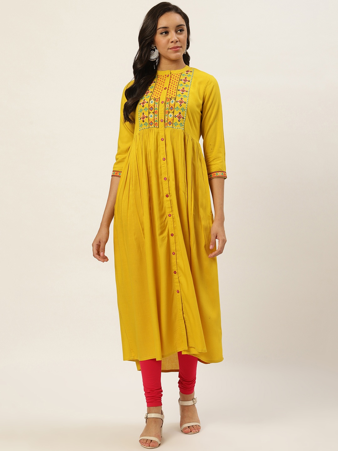 

RANGMAYEE Women Mustard Yellow Yoke Design A-Line Kurta