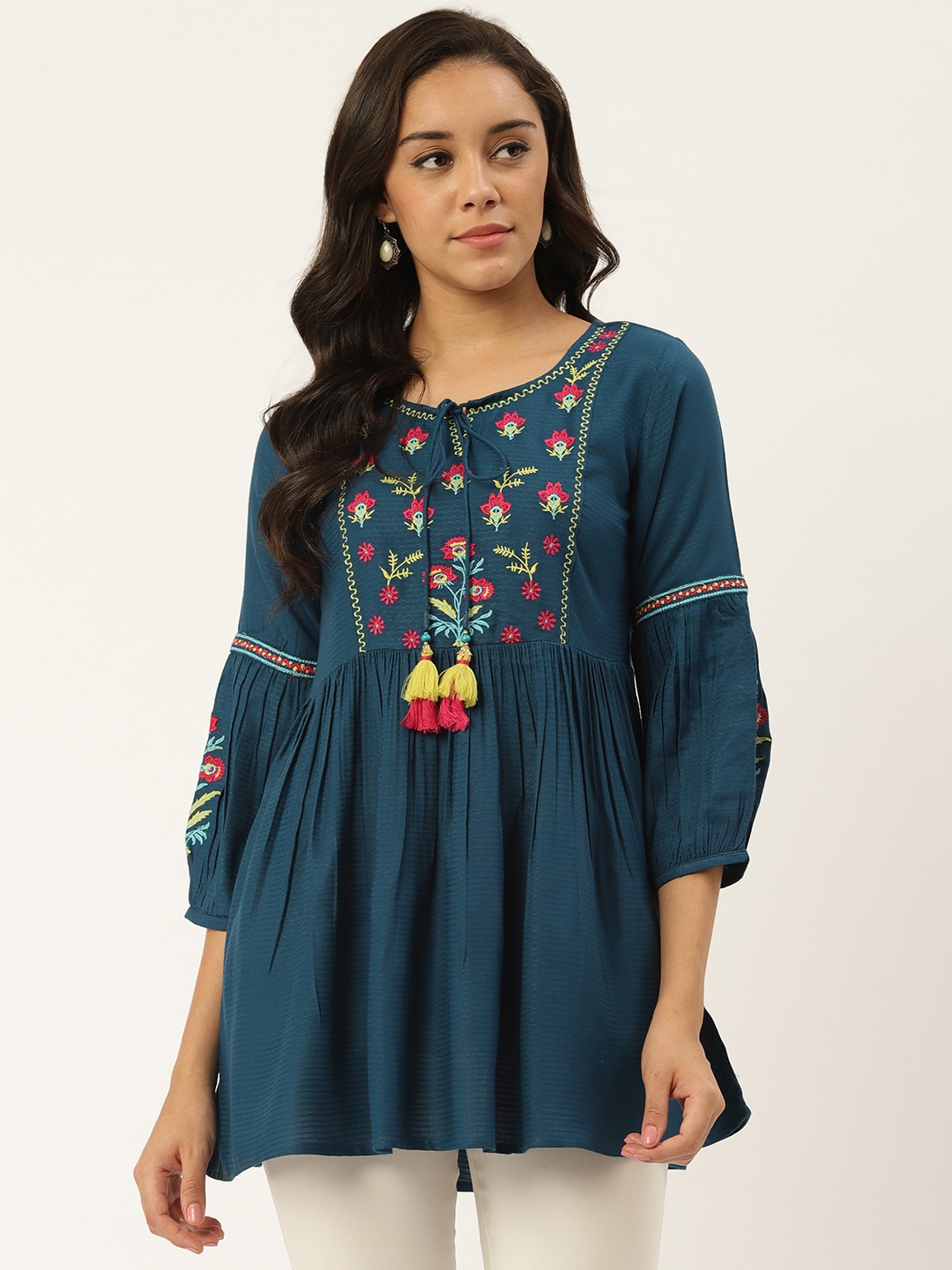 

RANGMAYEE Women Teal Blue Self Design A-Line Tunic