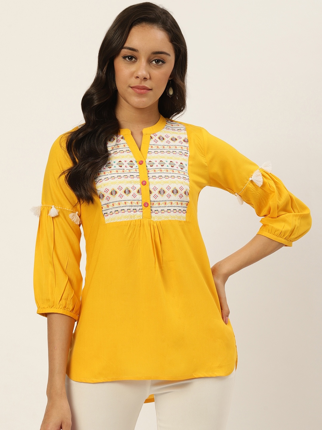 

RANGMAYEE Women Mustard Yellow Embroidered Yoke High-Low Tunic
