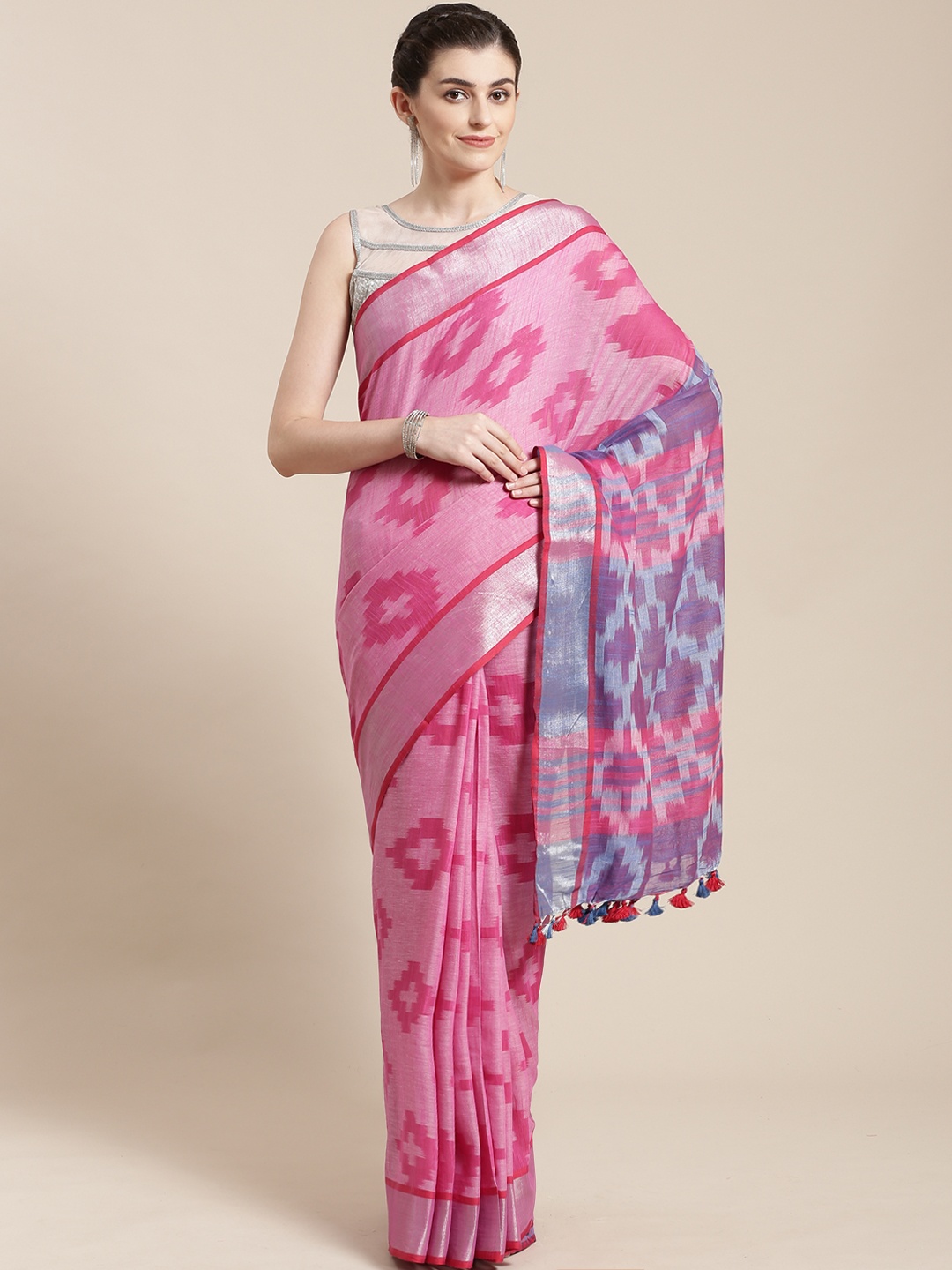 

Kalakari India Pink & Purple Pure Linen Woven Design Handloom Saree