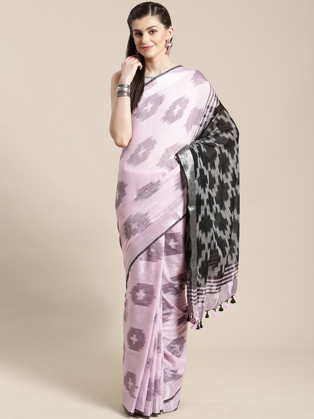 

Kalakari India Pink & Black Handloom Woven Design Ikat Sustainable Saree