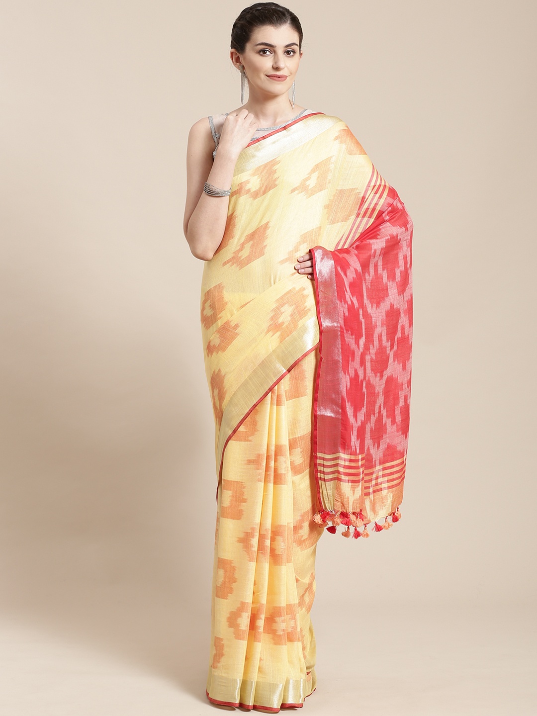 

Kalakari India Yellow & Magenta Linen Blend Woven Design Handloom Sustainable Saree