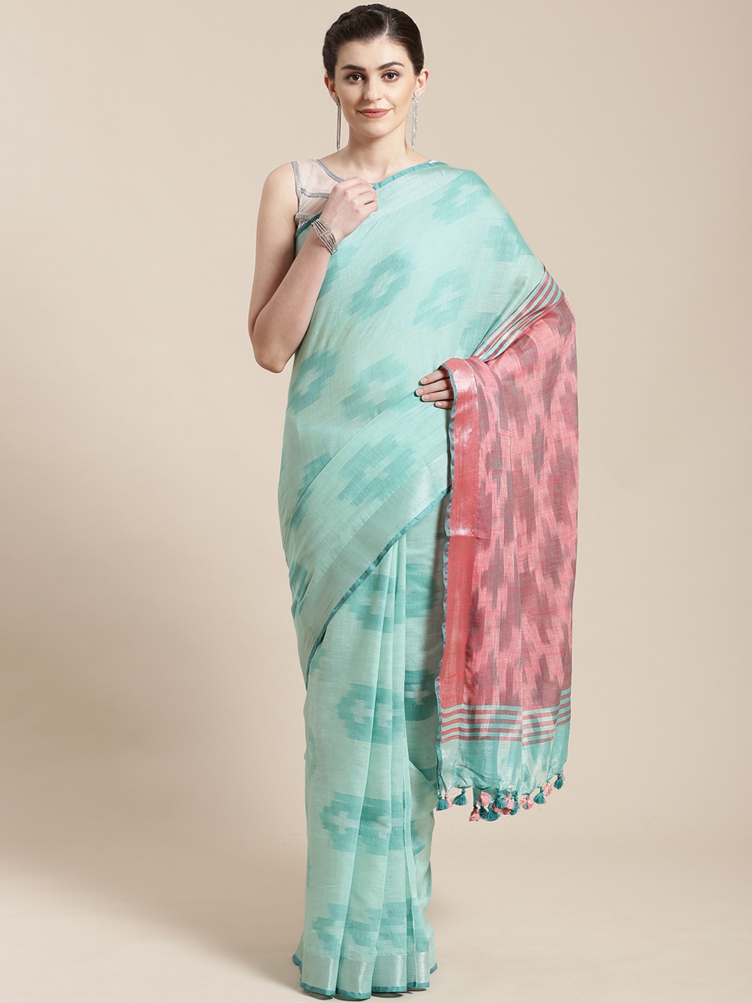 

Kalakari India Green & Maroon Pure Linen Woven Design Handloom Saree