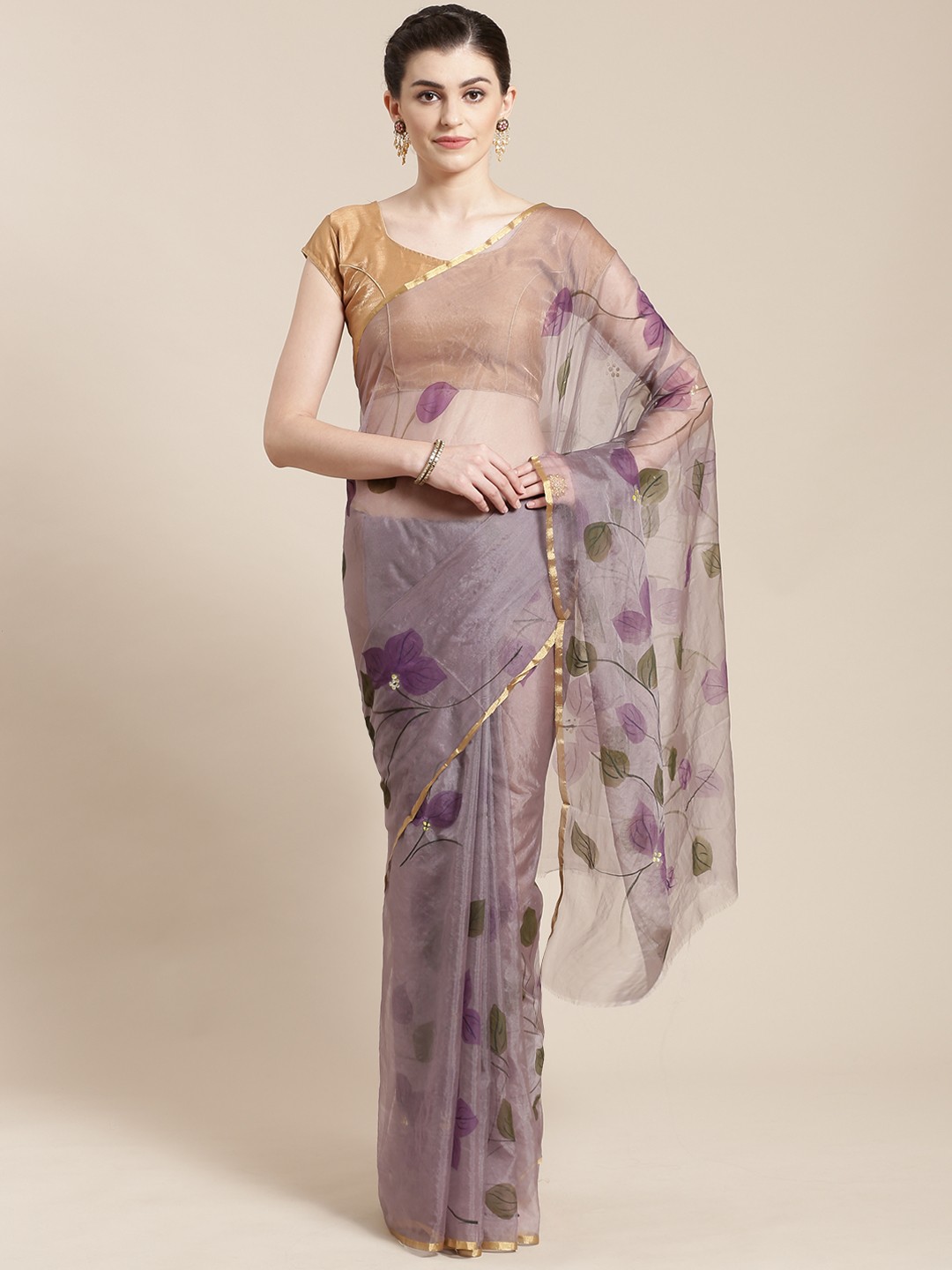 

Kalakari India Purple & Olive Green Hand Painted Handcrafted Sustainable Saree