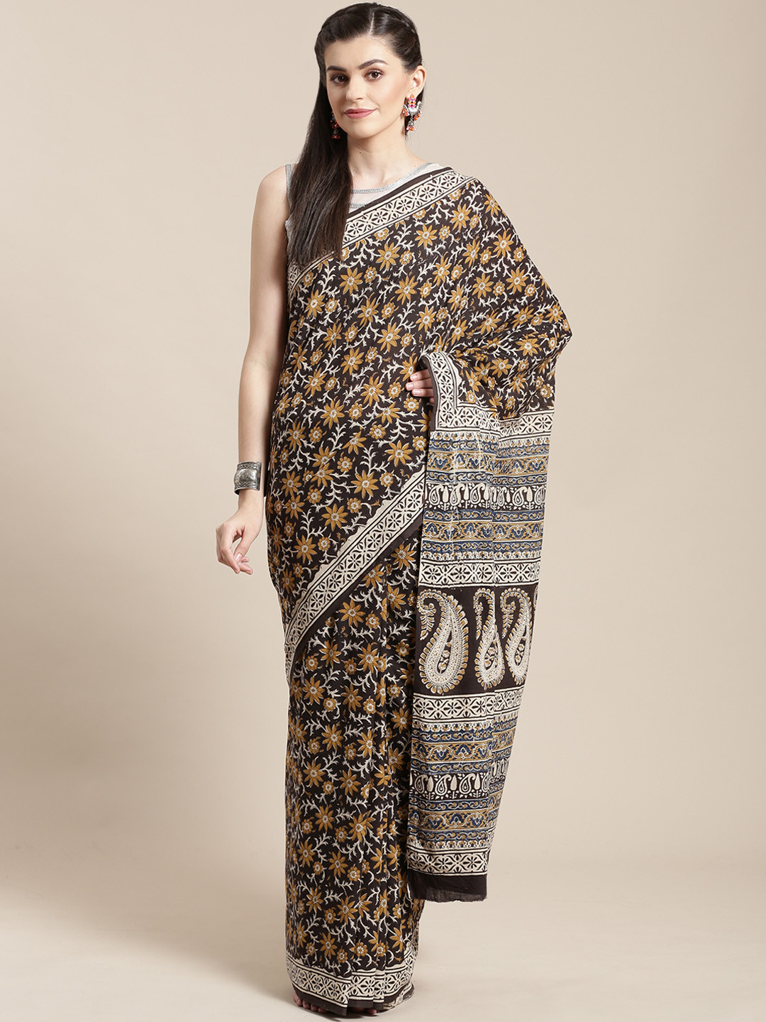

Kalakari India Black & Mustard Yellow Handblock Print Handloom Sustainable Saree