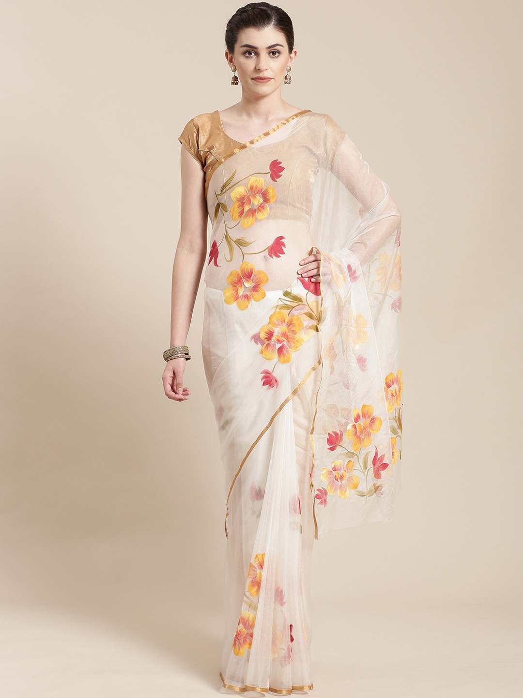 

Kalakari India White & Mustard Yellow Floral Hand Painted Handloom Saree