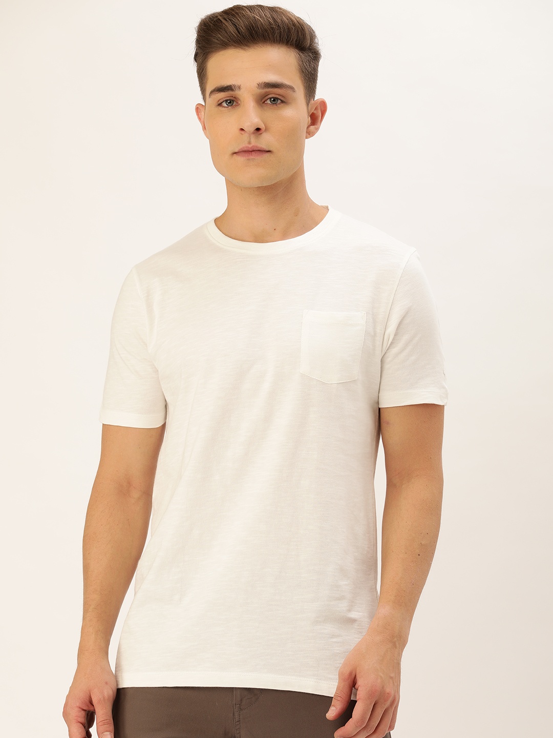 

ether Men Off-White Solid Round Neck Pure Cotton T-shirt