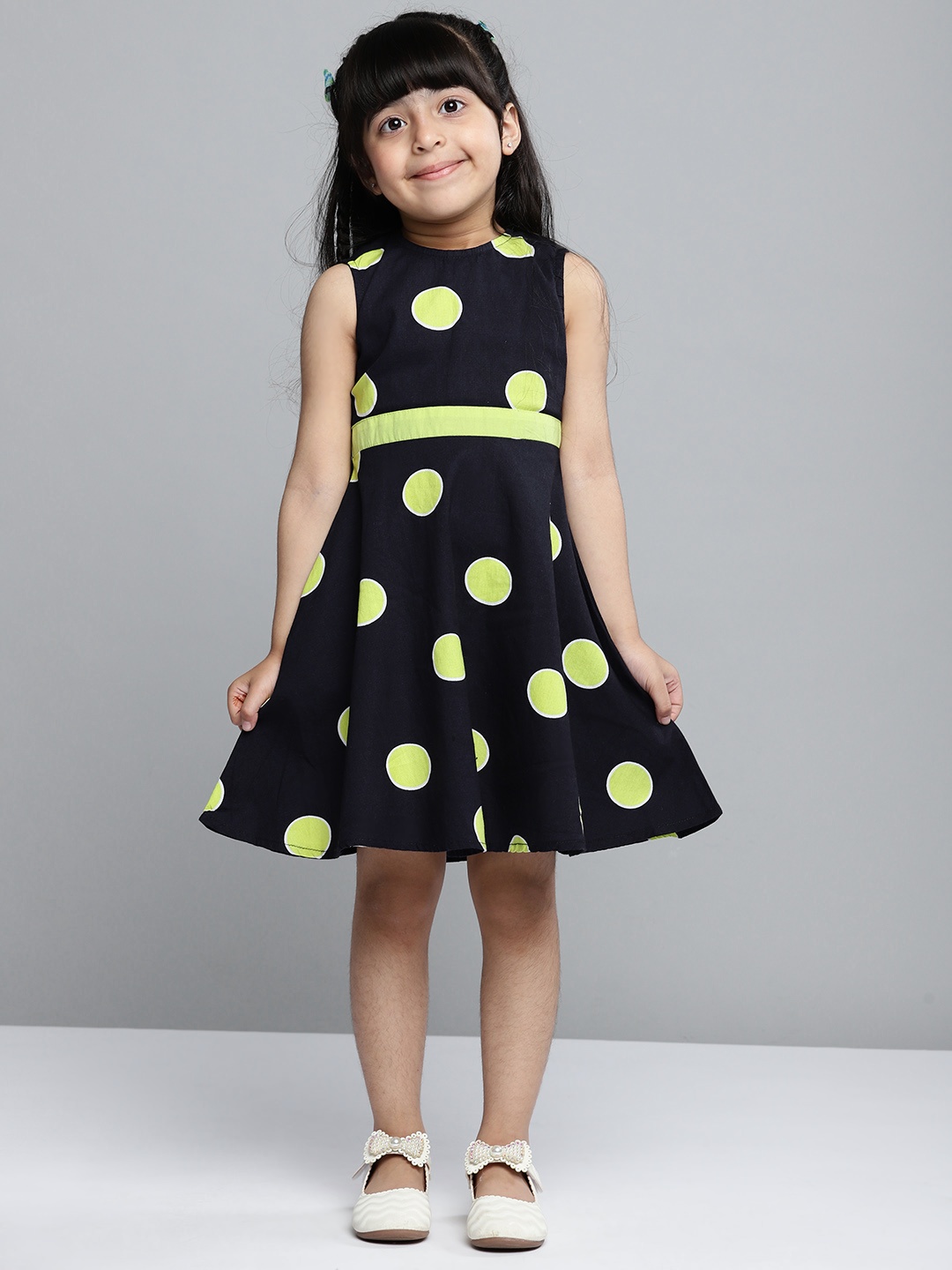 

YK Girls Navy Blue & Yellow Polka Dot Print Fit & Flare Dress