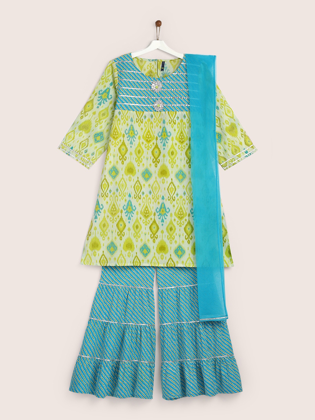 

YK Girls Green & Blue Printed Kurta with Sharara & Dupatta