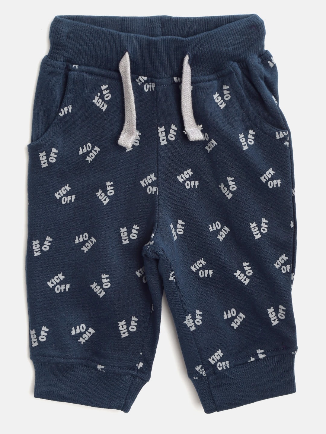 

YK Organic Boys Navy & Grey Typography Print Sustainable Trousers, Navy blue
