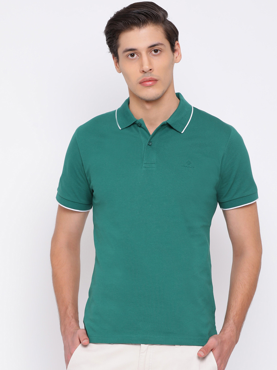

GANT Men Green Striped Polo Collar T-shirt