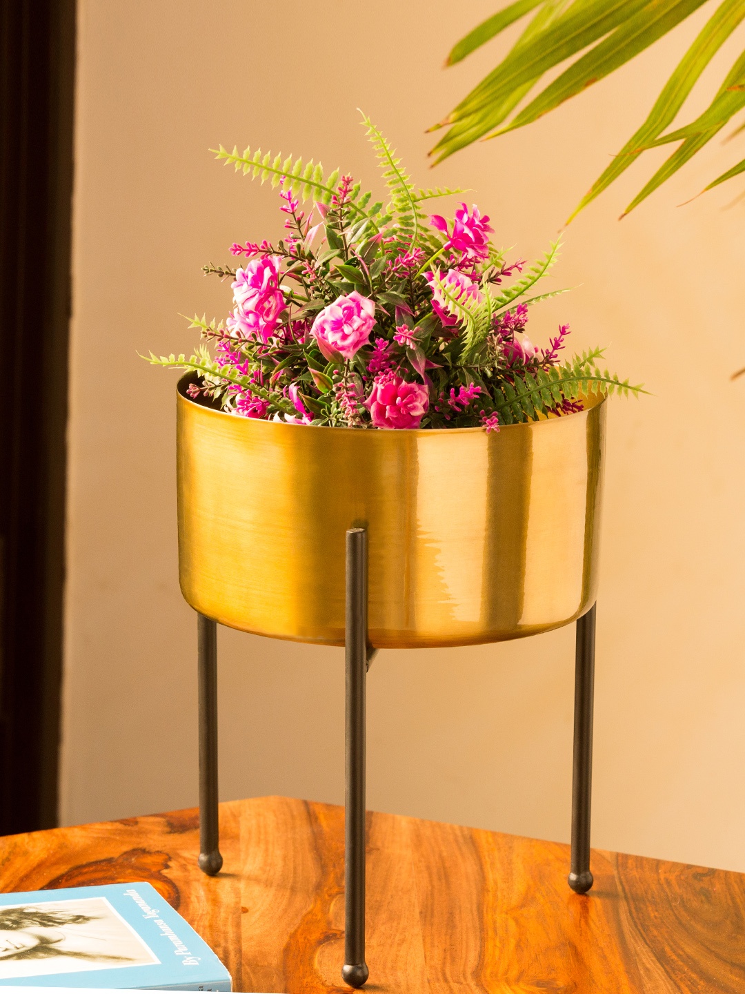 

ExclusiveLane Brass-Toned Table Planter Pot With Tri-Stand, Gold