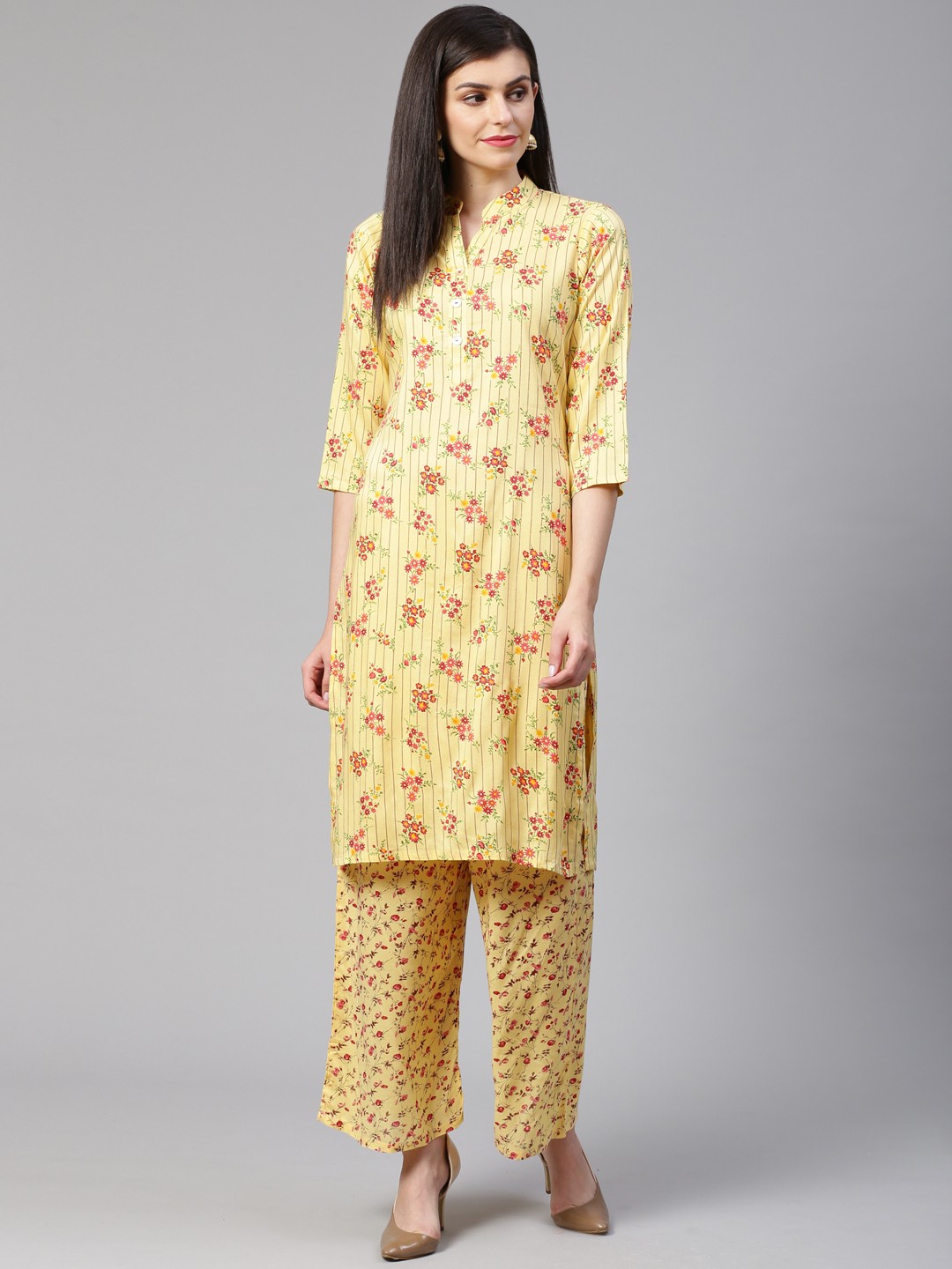

Jompers Women Yellow & Red Striped with Floral Printed Kurta with Palazzos