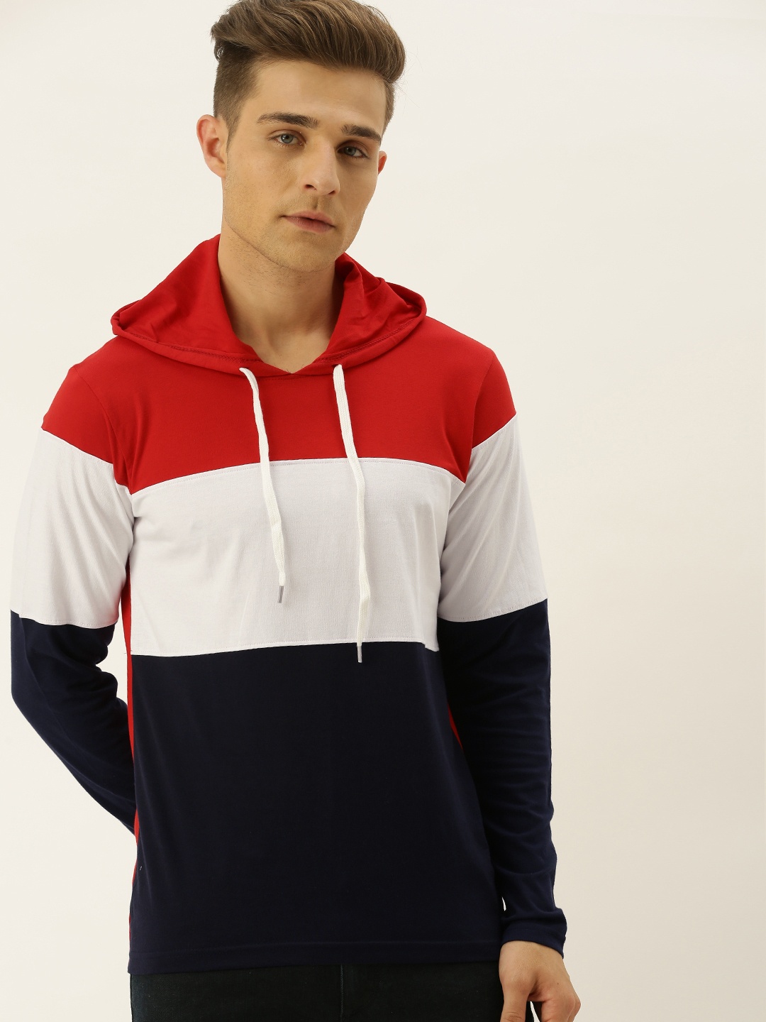 

VEIRDO Men Red & White Colourblocked Hood T-shirt
