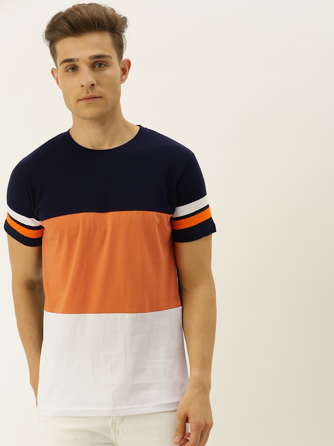 

VEIRDO Men Navy Blue Mustard Yellow Colourblocked Round Neck Pure Cotton T-shirt