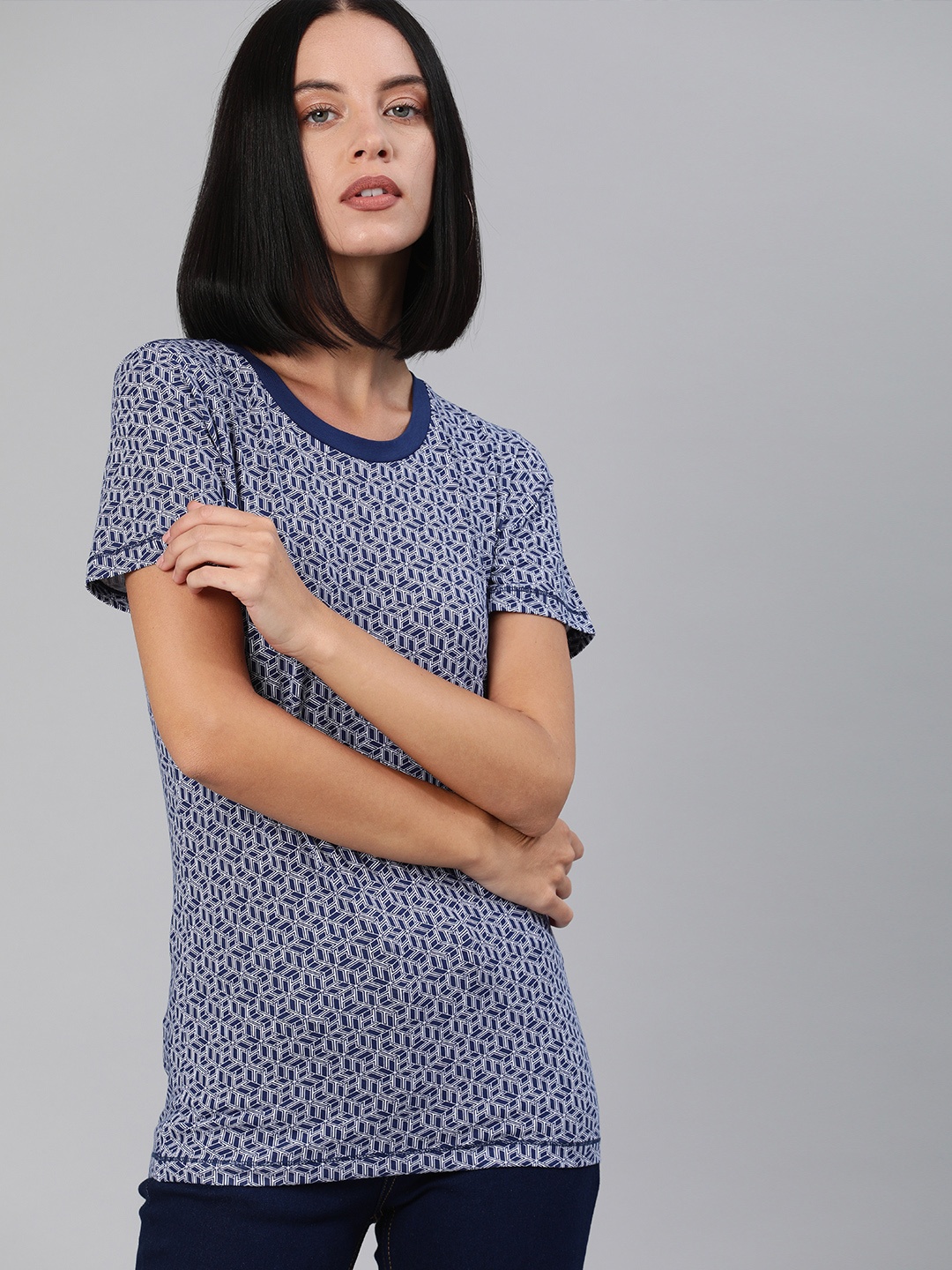 

Tommy Hilfiger Women Blue Self-Design Round Neck T-shirt