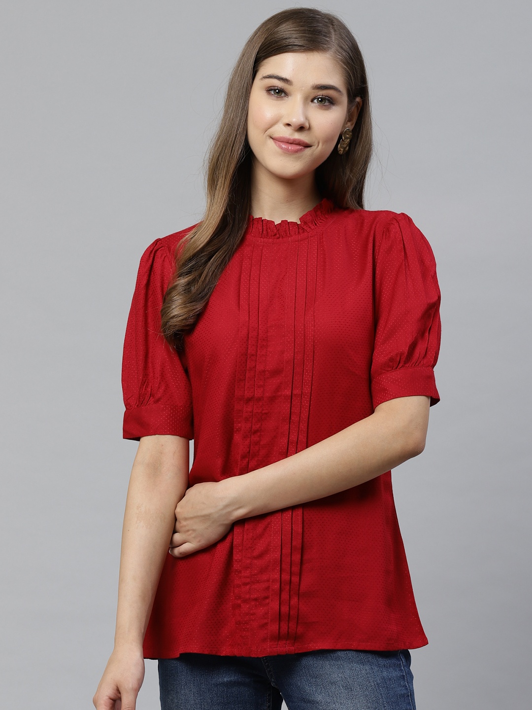 

YASH GALLERY Women Maroon Dobby Self Design Top
