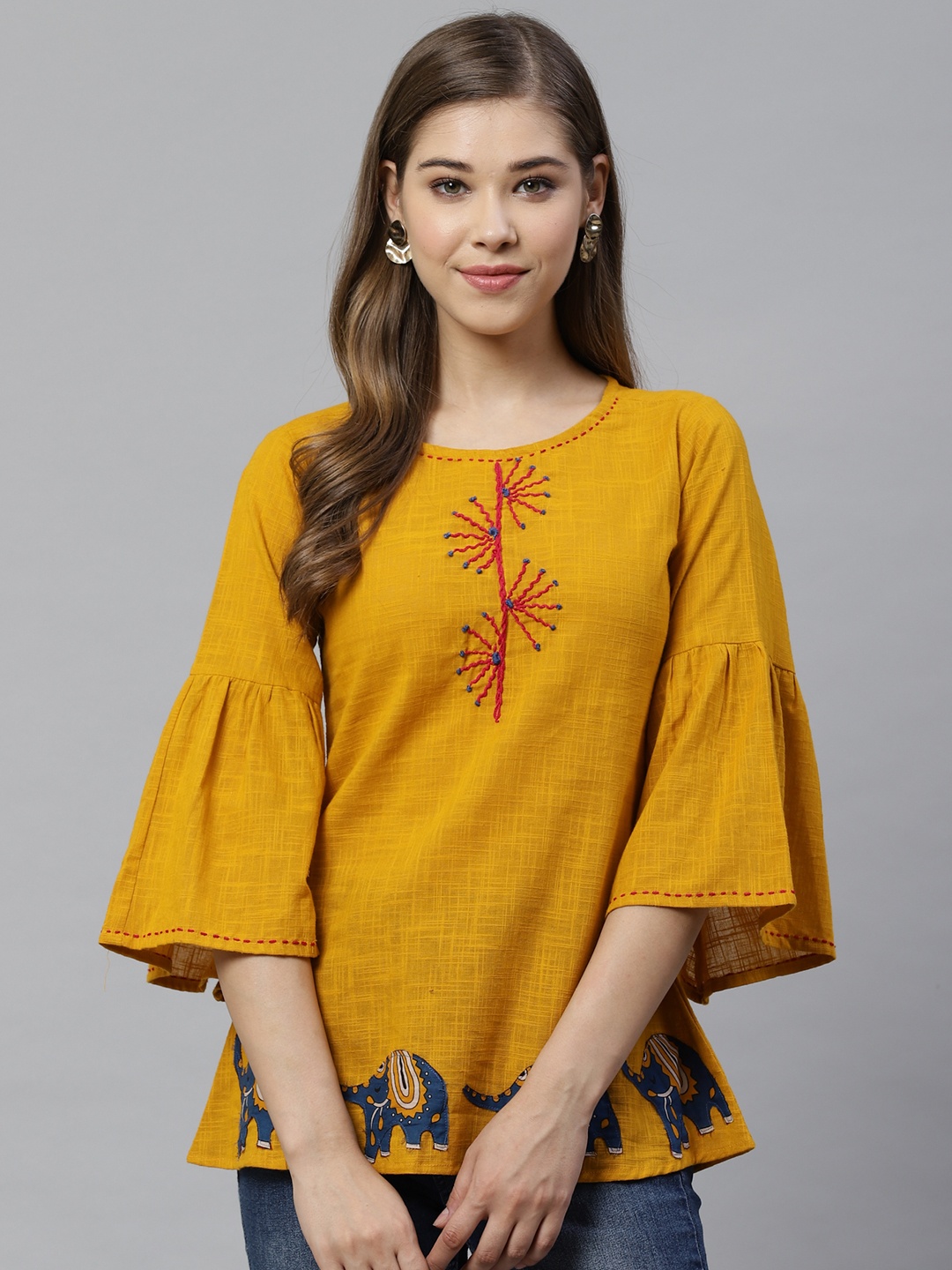 

YASH GALLERY Women Mustard Yellow Applique Detail A-Line Top