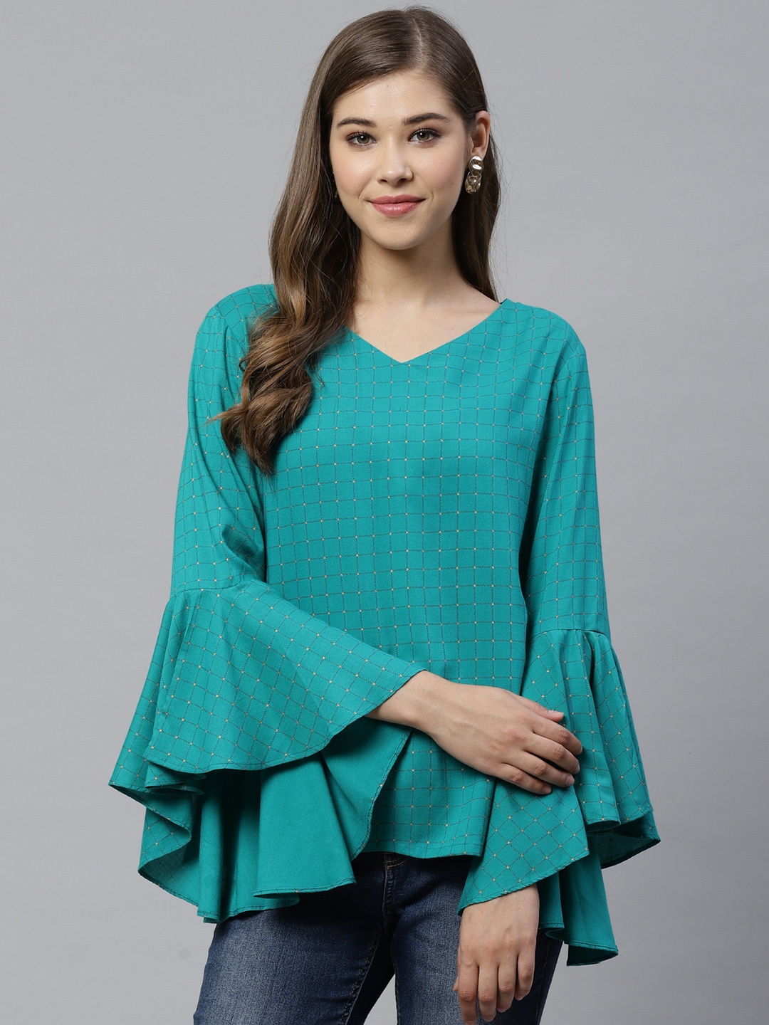 

YASH GALLERY Women Green Checked A-Line Top, Blue