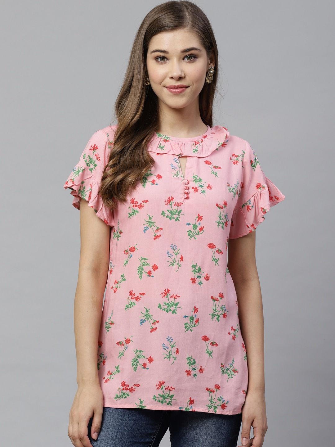 

YASH GALLERY Women Pink & Green Floral Print Top