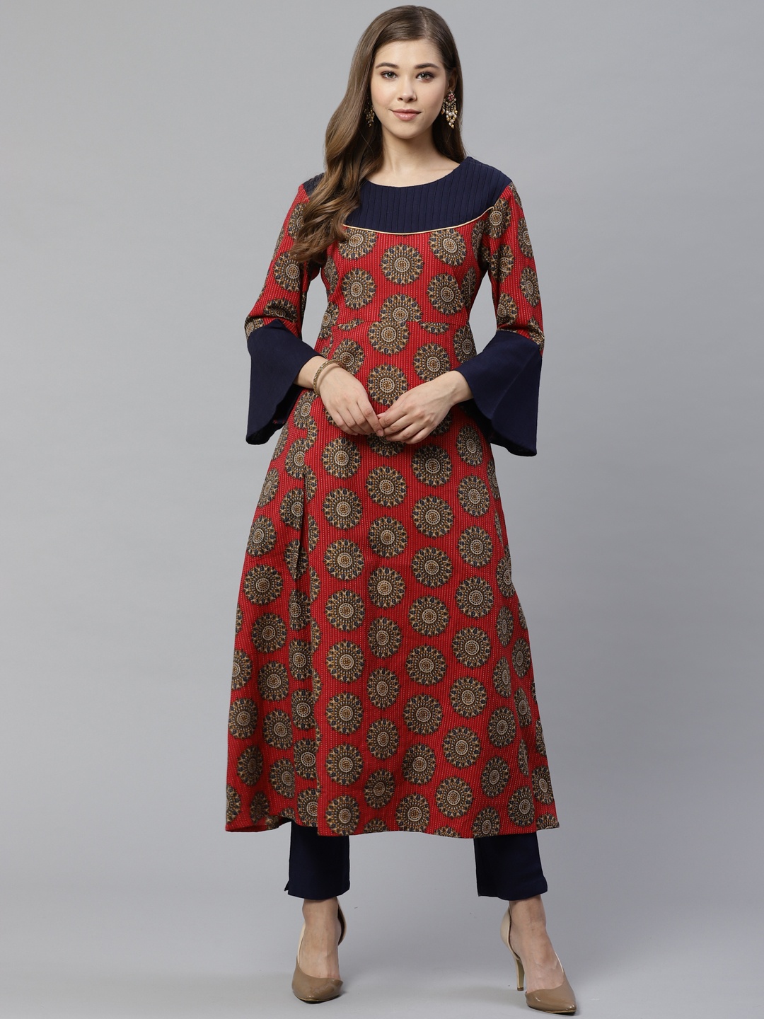 

YASH GALLERY Women Rust Red & Navy Blue Buta Print Kurta with Trousers
