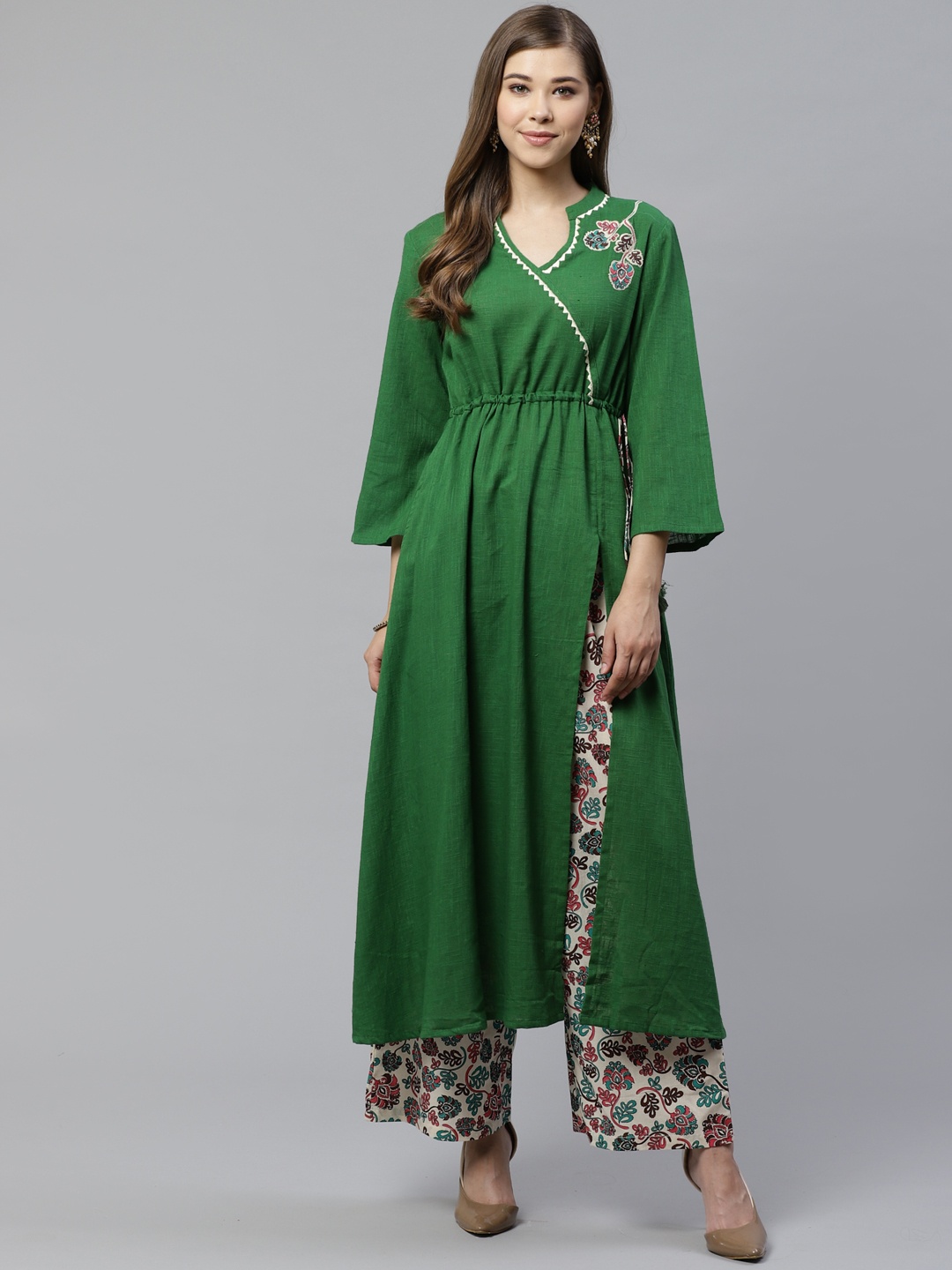 

YASH GALLERY Women Green & White Yoke Design Angrakha-Style Kurta with Palazzos