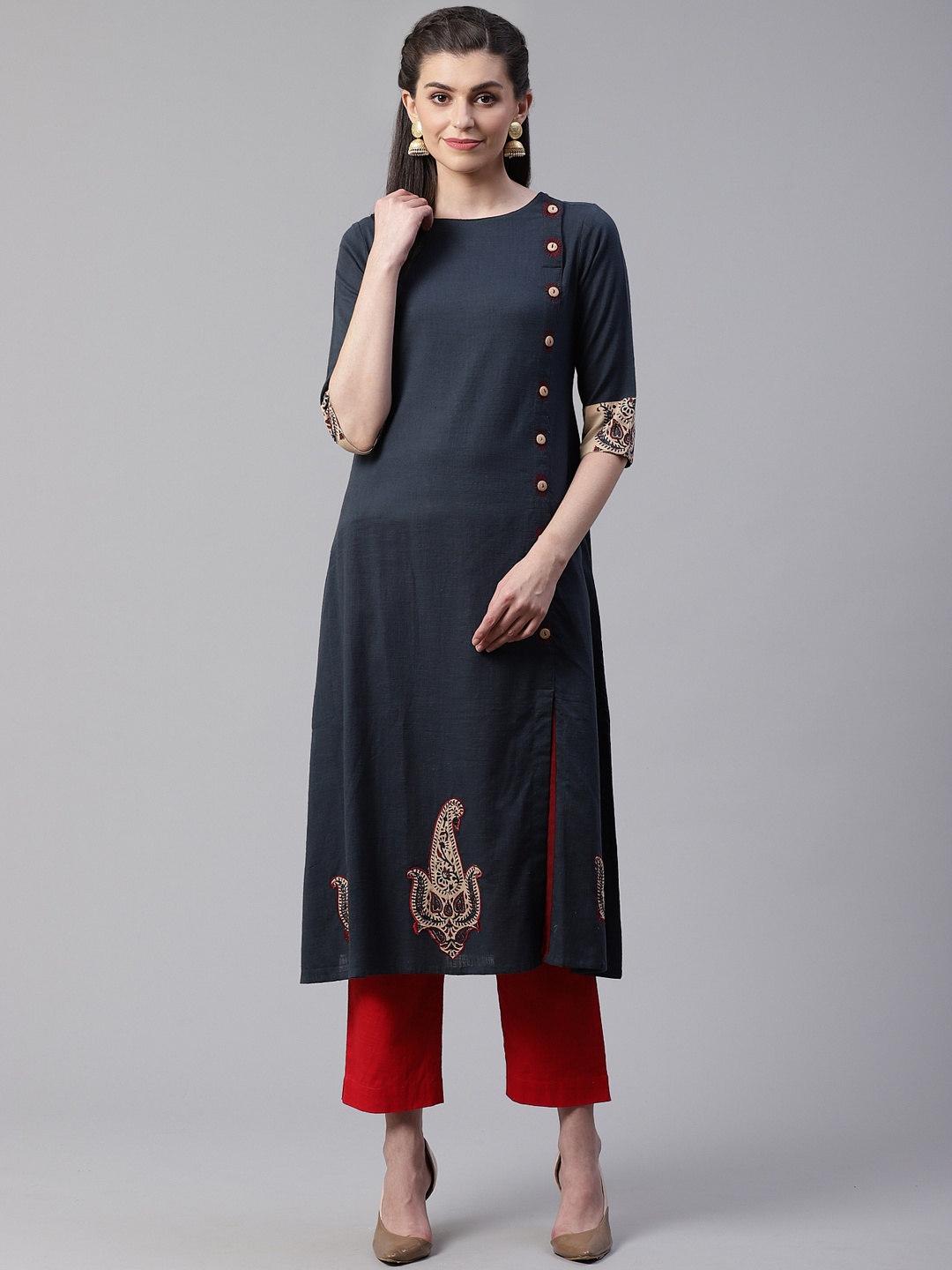 

YASH GALLERY Women Charcoal Grey Embroidered Patch Solid A-Line Kurta