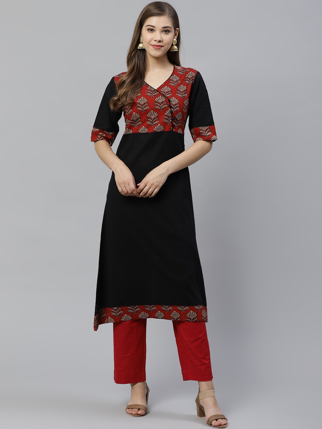 

YASH GALLERY Women Black & Red Yoke Design A-Line Kurta