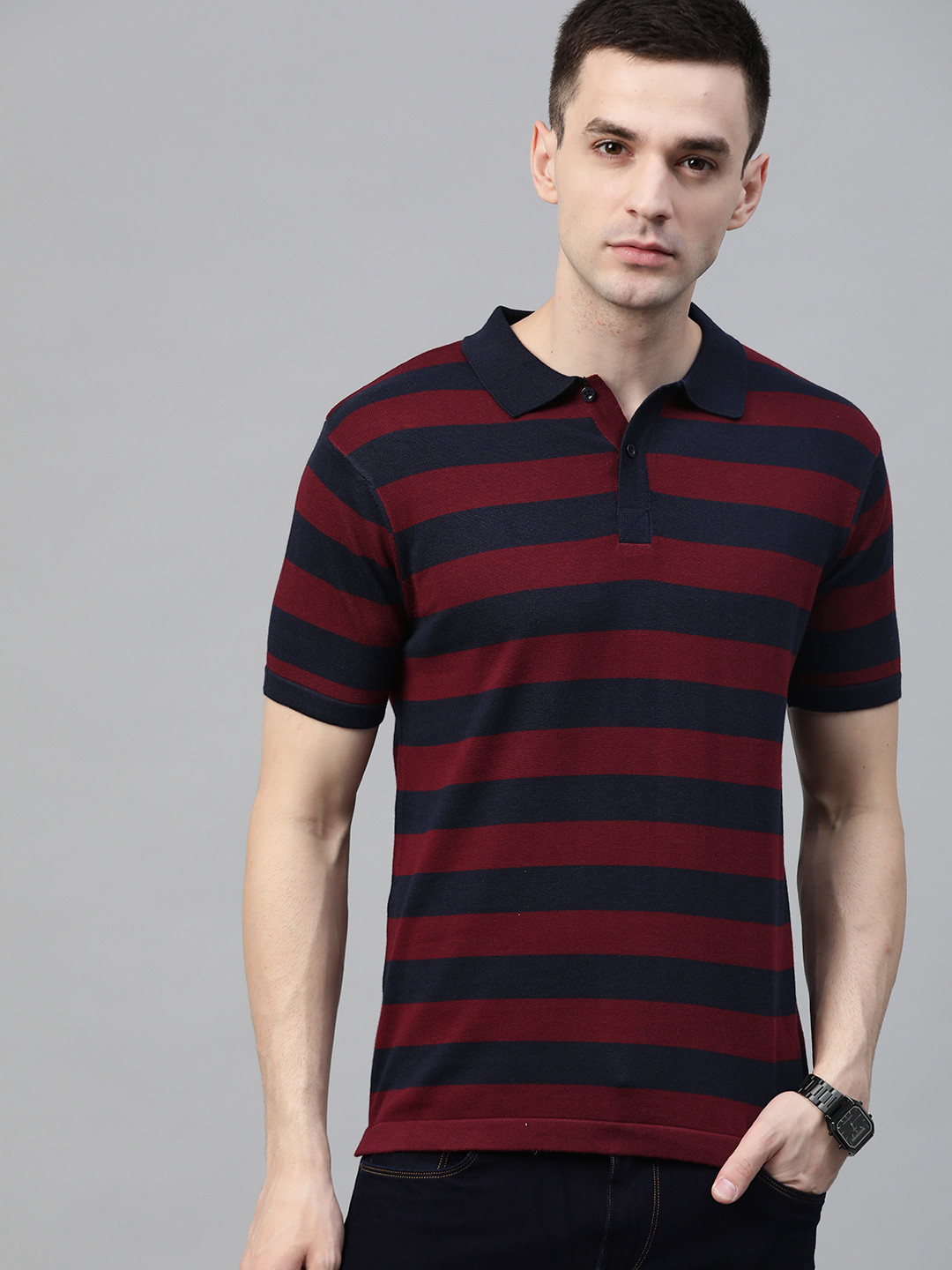 

Roadster Men Maroon & Navy Striped Polo Collar T-shirt
