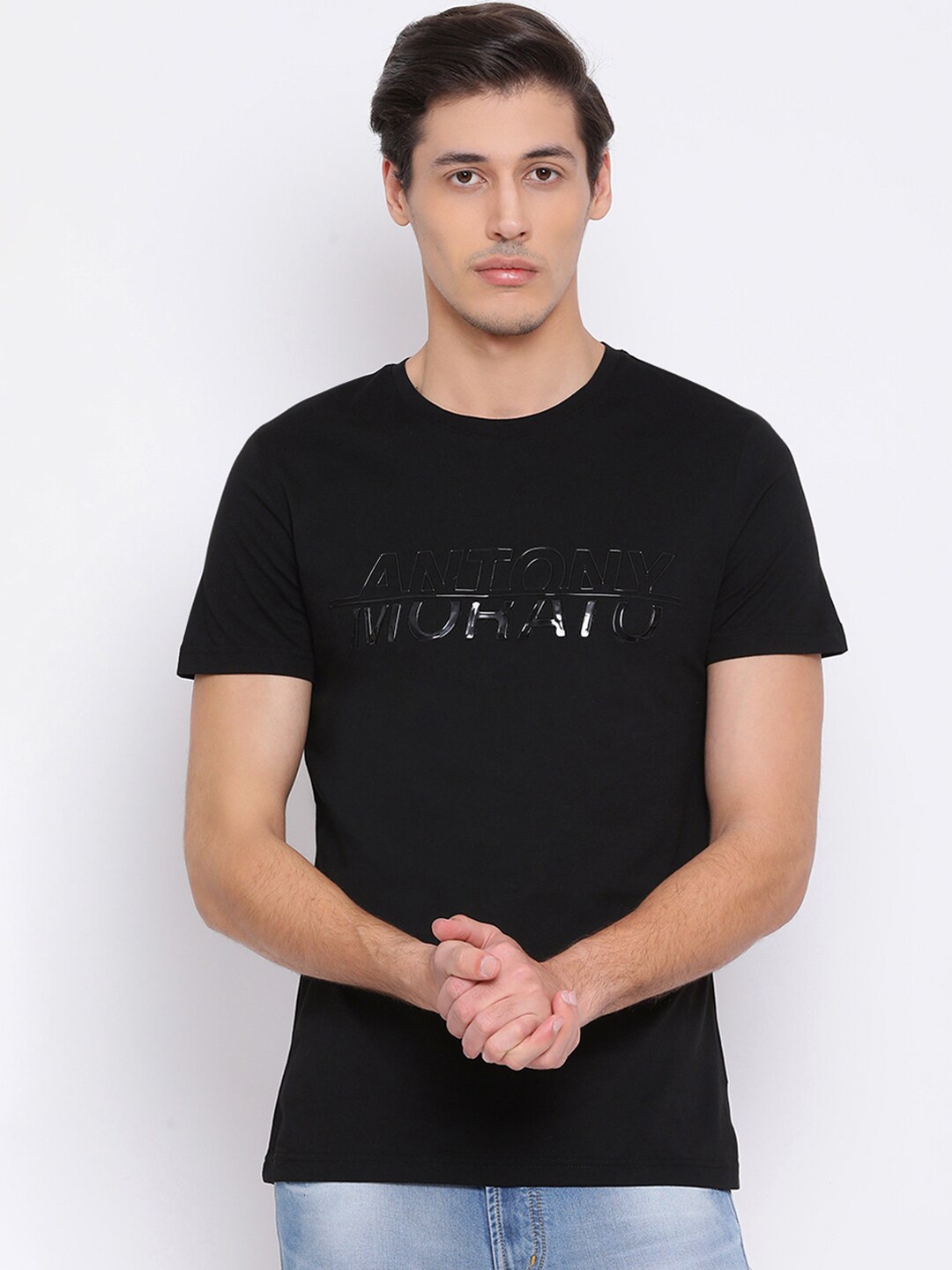 Antony Morato Men Black Brand Logo Print Round Neck Pure Cotton T-shirt
