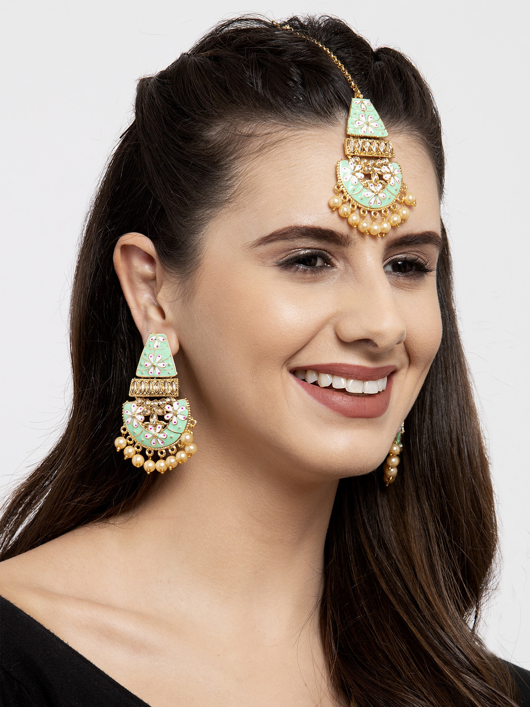 

Shining Diva Gold-Plated Sea Green & Off-White Kundan-Studded Pearl Embellished Meenakari Jewellery Set