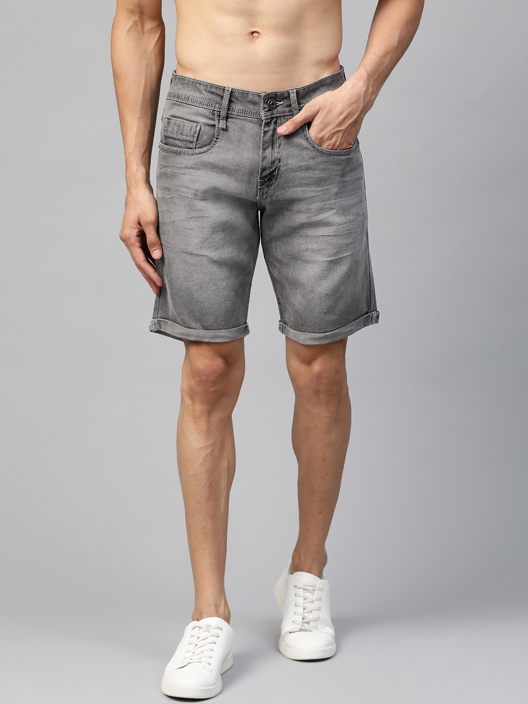 

Roadster Men Charcoal Grey Washed Regular Fit Denim Shorts