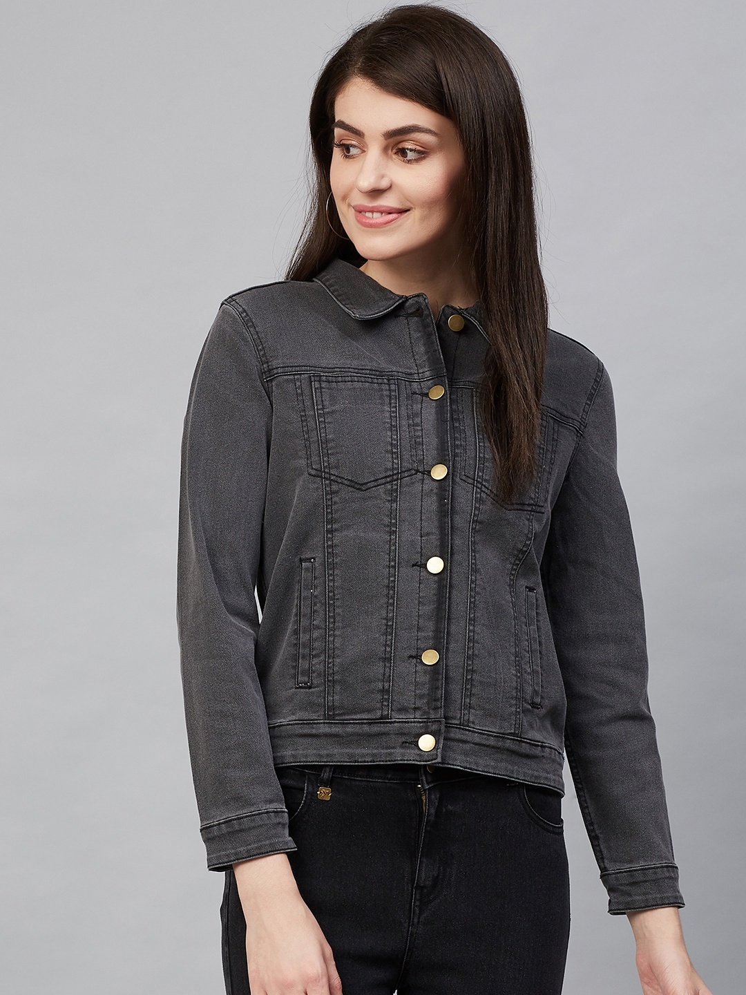 

Hubberholme Women Charcoal Grey Solid Denim Jacket