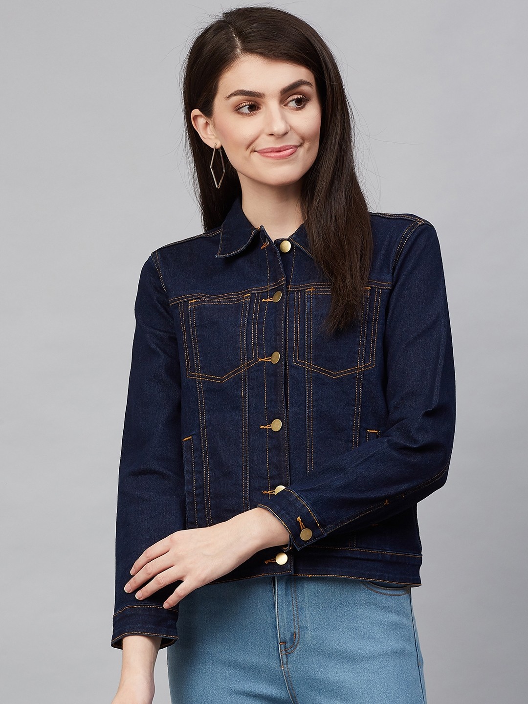 

Hubberholme Women Navy Blue Solid Denim Jacket