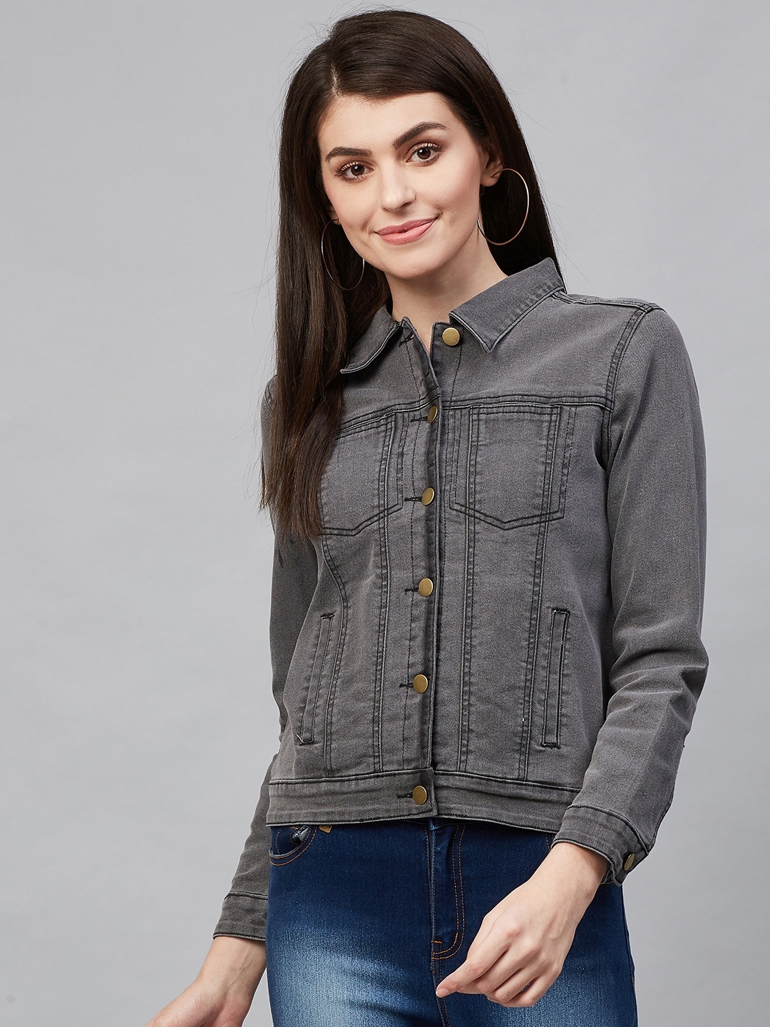 

Hubberholme Women Charcoal Grey Solid Denim Jacket