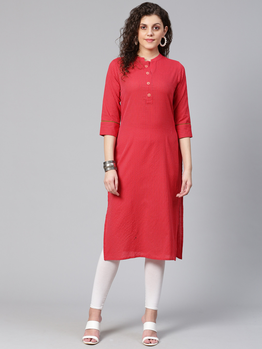 

Meeranshi Women Red & White Self-Striped Straight Kurta