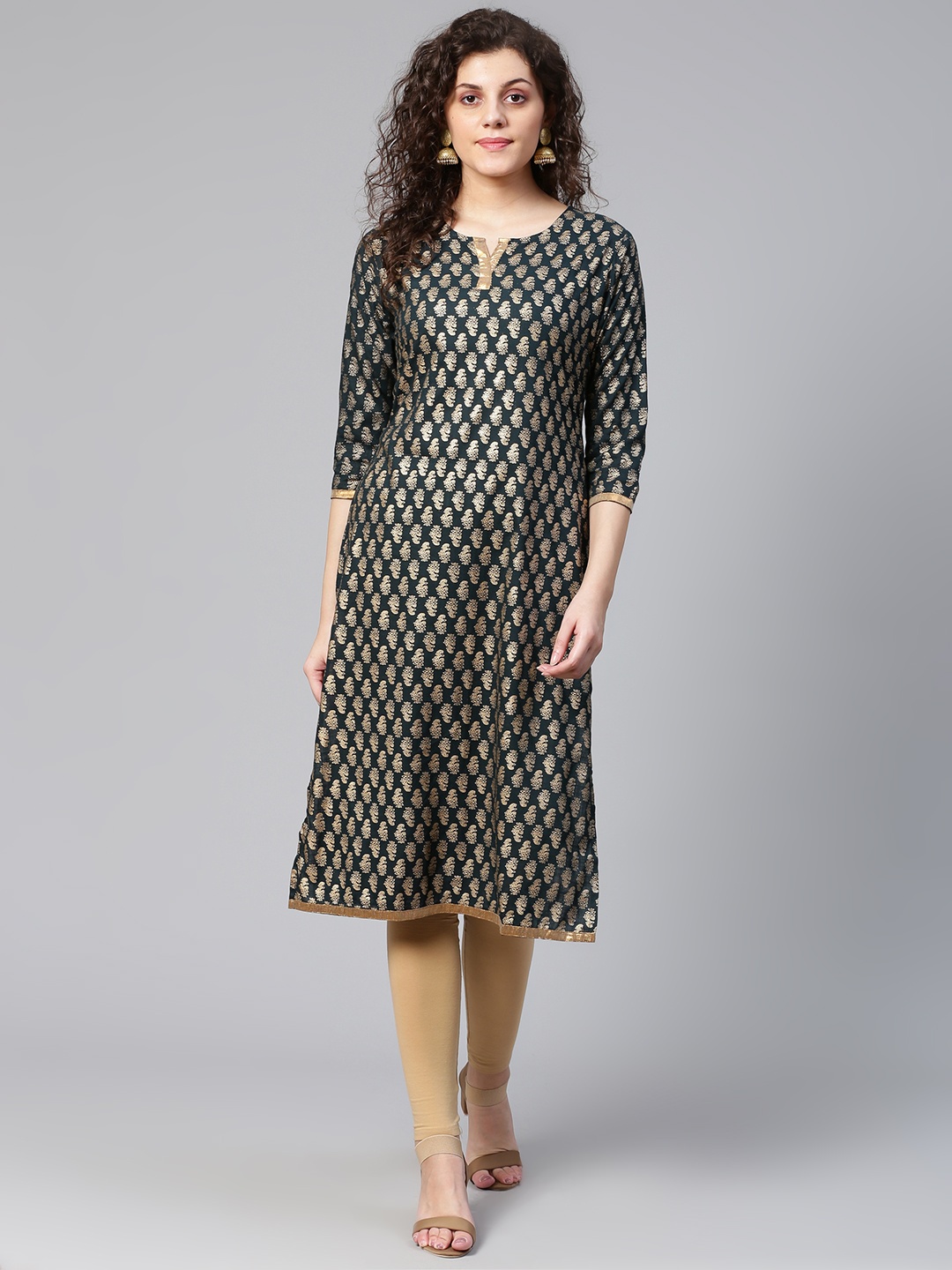 

Meeranshi Women Teal Green & Golden Gotta Patti Ethnic Printed Straight Kurta