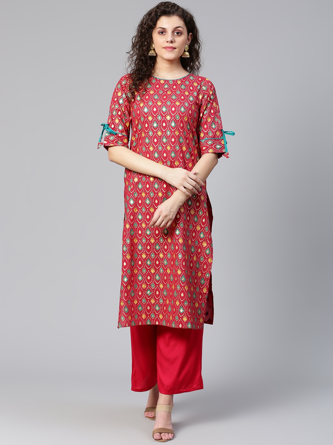 

Meeranshi Women Red & Green Printed Straight Kurta