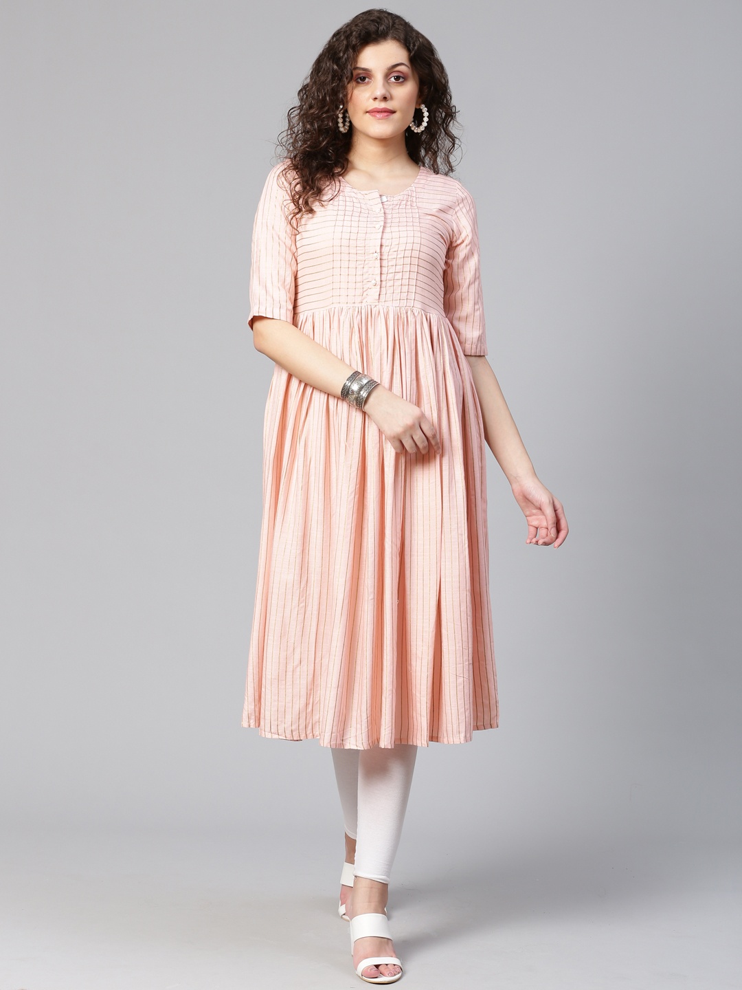 

Meeranshi Women Pink & Golden Striped Anarkali Kurta